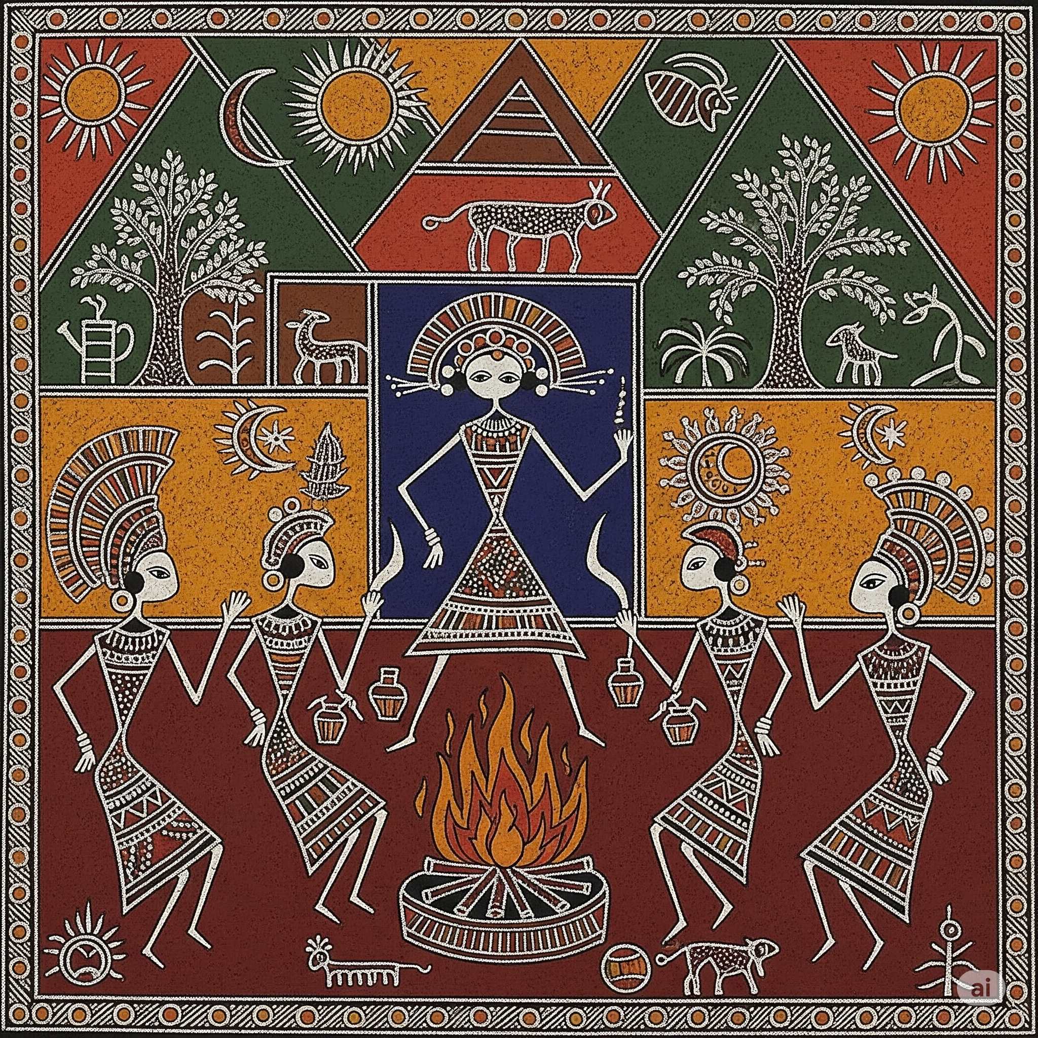 Tribal wall painting of a community dancing around a fire